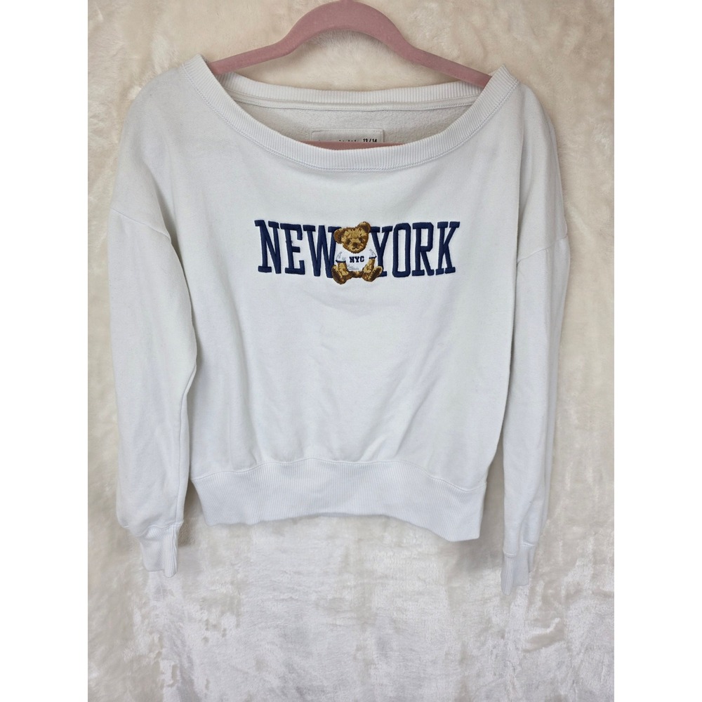 Abercrombie Kids New York Teddy Bear Sweatshirt White Fleece Pullover Size 13/14